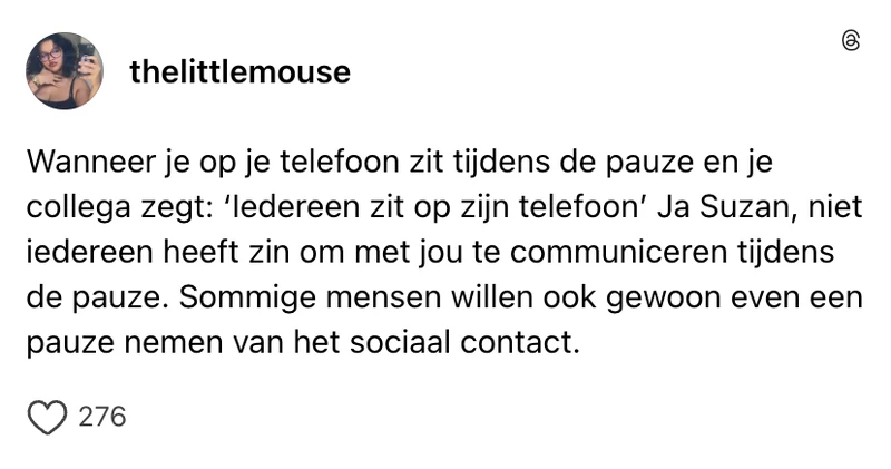 Collega klaagt over telefoons tijdens pauze